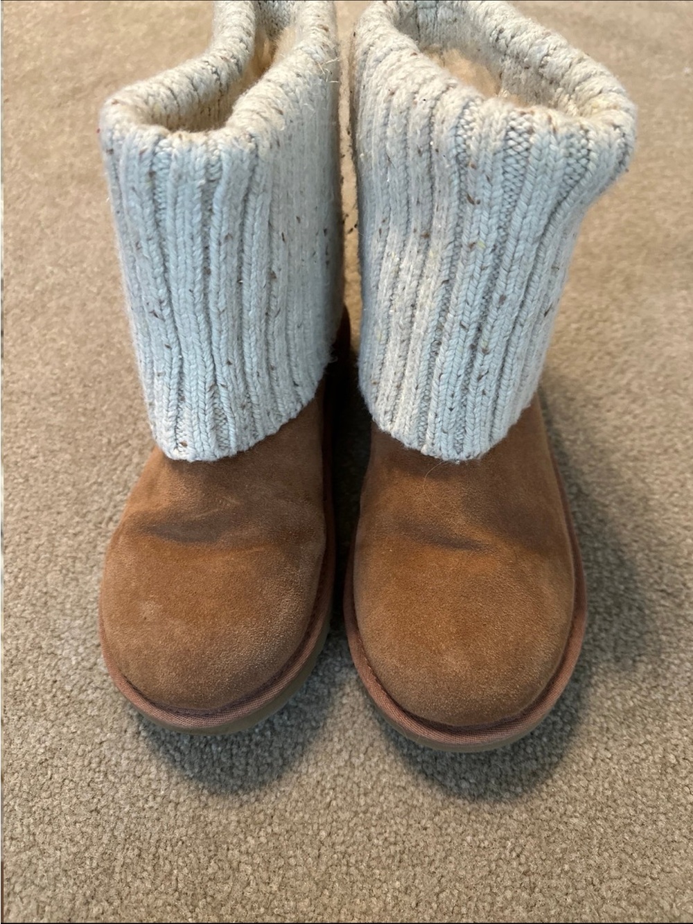 UGG Kids Chestnut Suede Boots with Cream Knit Cuffs